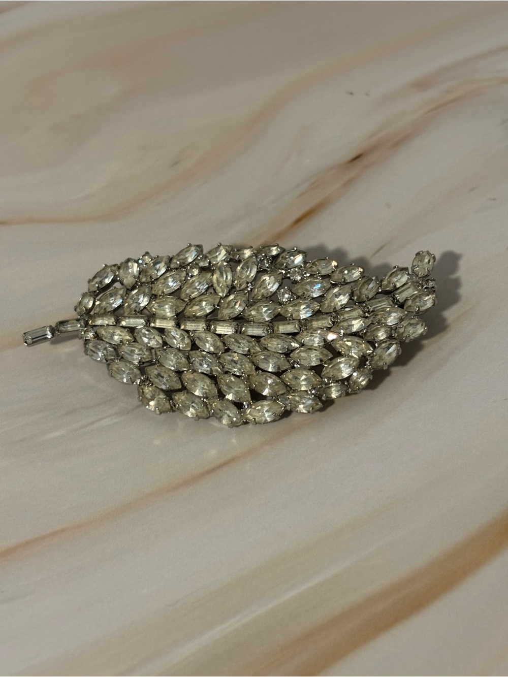 Vintage Silver-Tone Crystal Cluster Leaf Brooch 3.25”